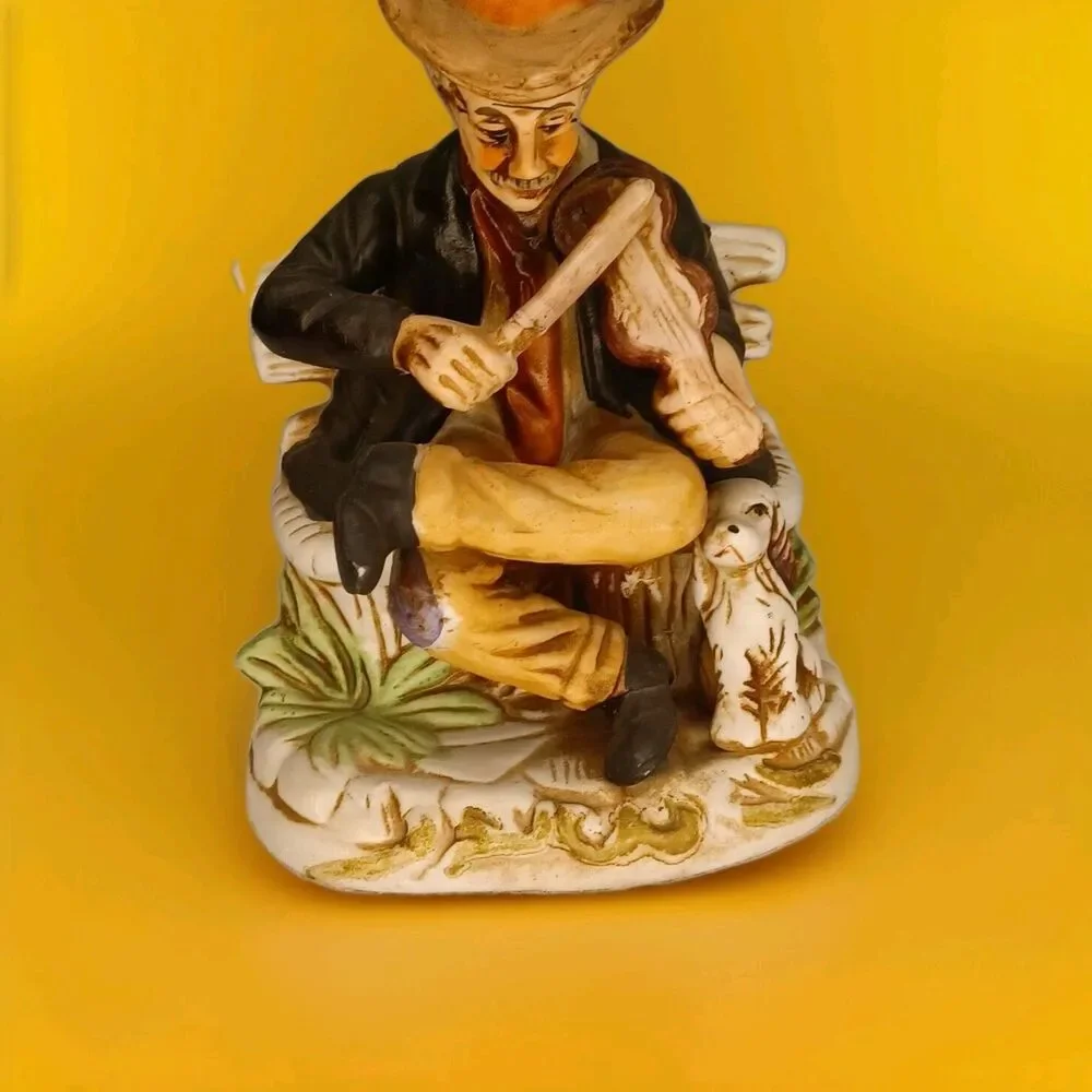 Vtg Norleans Japan Figurine Man on Bench Playing Fiddle with Dog 7.5